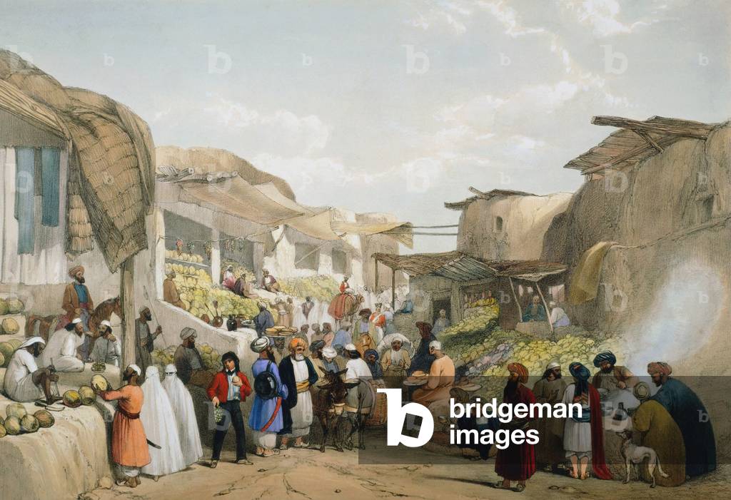 Erster anglo-afghanischer 1838-1842: Basar in Cabul (Kabul) während der Fruchtsaison. Verschleierte Frauen auf