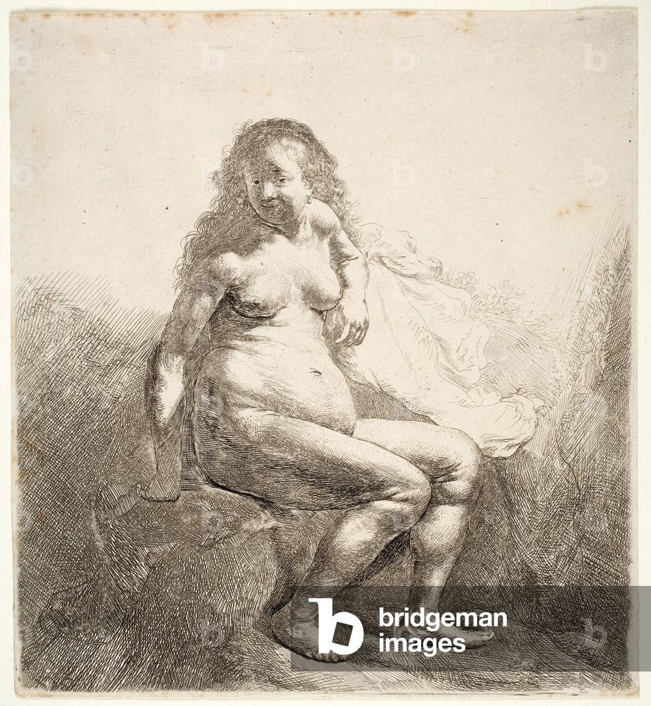 nudo donna seduti su un tumulo, 1631 (incisione)