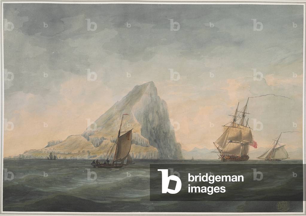 A view of Gibraltar from the South, with three sailing ships in the foreground