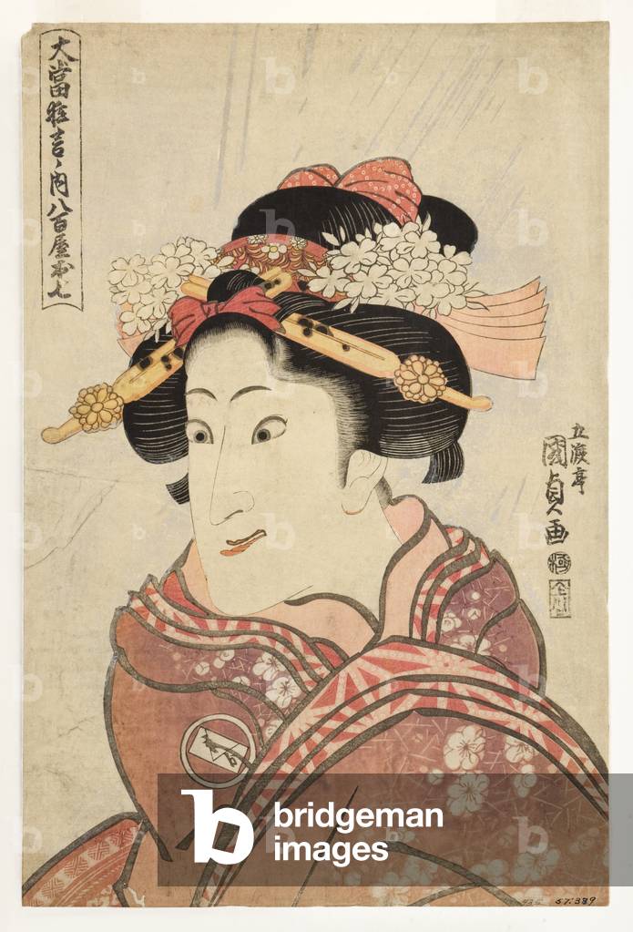 Der Schauspieler Iwai Hanshiro V als Tochter des Grönkerns, Oshichi, um 1815 (Holzblock)