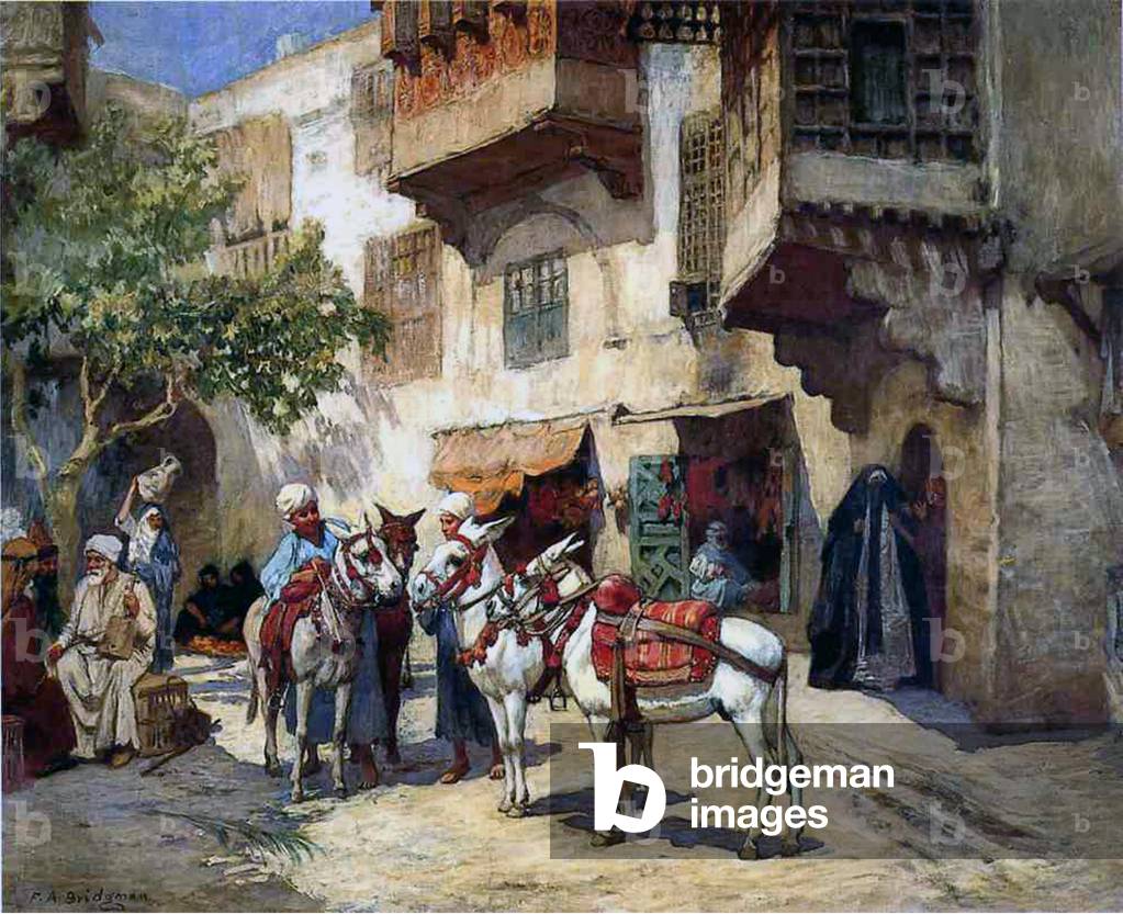 Immagine di Dipinto "orientale strada con asini olio su tela" di Frederick Arthur Bridgman