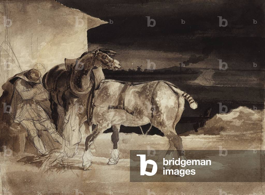 Zwei Pferde und ein schlafender Bräutigam, um 1822-1823 (schwarze Leine, Stift und braune Tinte, braun und gra