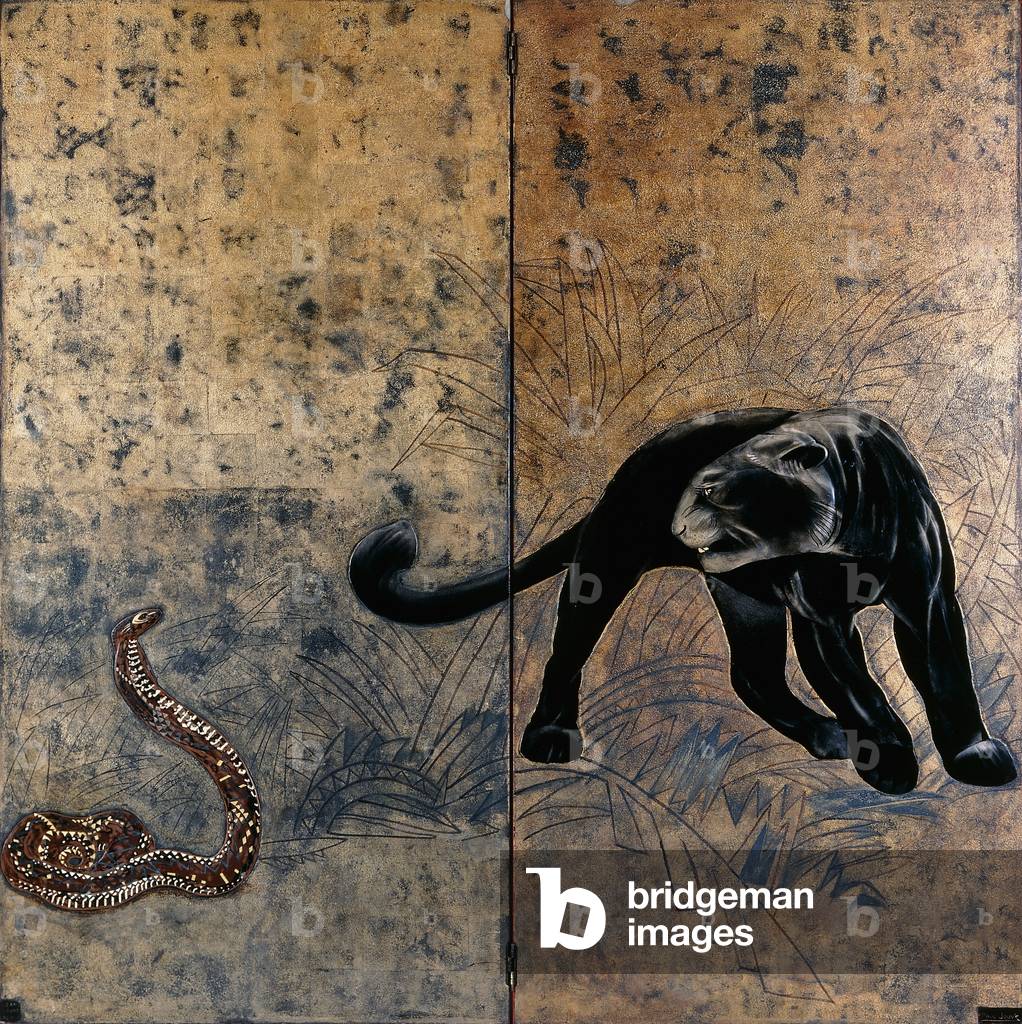 "Schermo laccato a due pannelli raffigurante una pantera nera che si difende contro un Cobra", c.1925 di Paul 