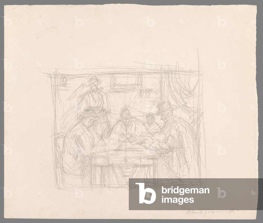 Bild von Zeichnung "Nach Cézanne: 'Die Kartenspieler' (Bleistift auf Papier)" von Alberto Giacometti, b/w