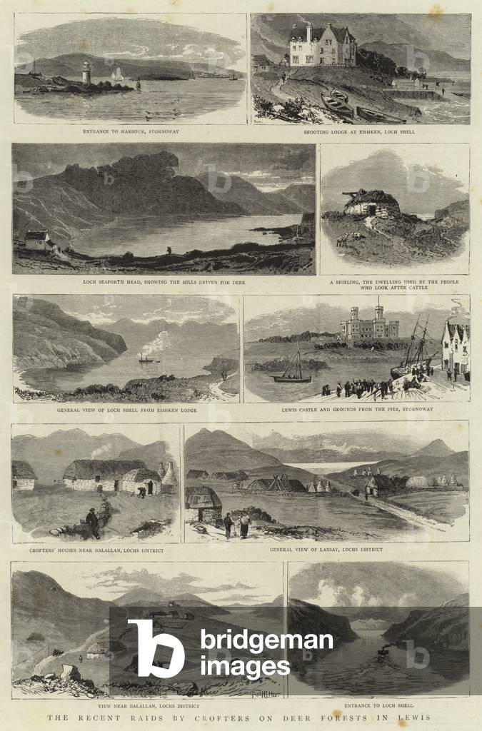 "Le recenti incursioni di Crofters su cervi foreste a Lewis (incisione)" di English School, b/w