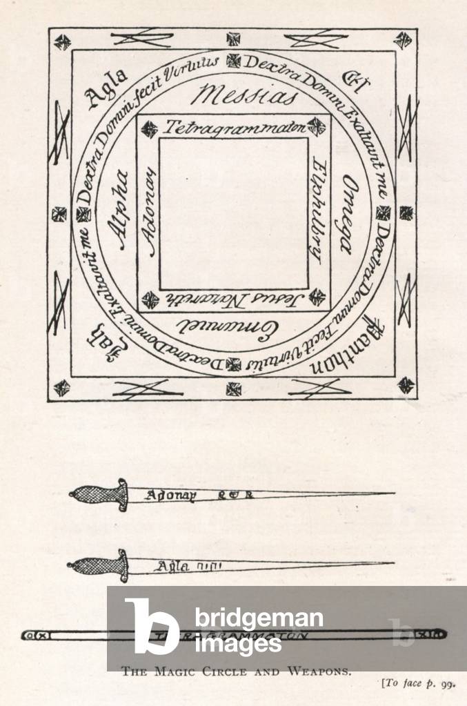 "Ein Diagramm des Magischen Kreises und Waffen", b/w