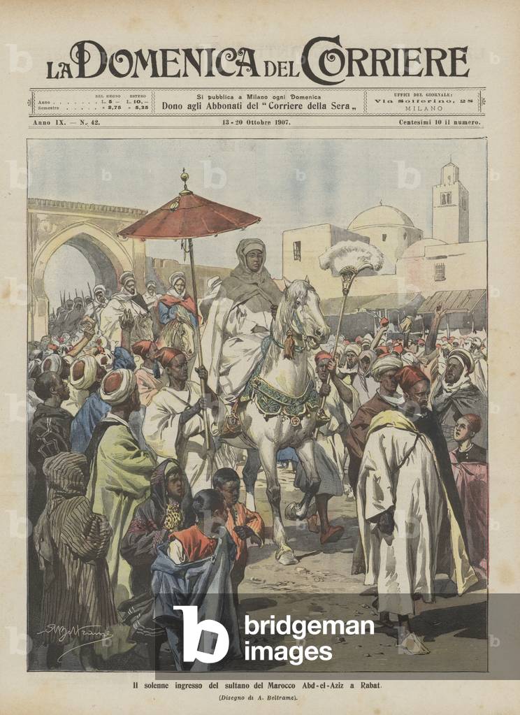 Il solenne ingresso del sultano del Marocco Abd-el-Aziz a Rabat (colour litho)