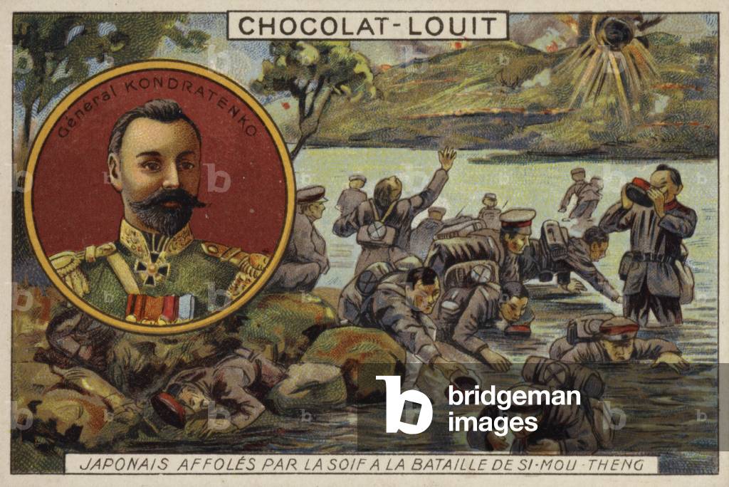 Generale Kondratenko e soldati giapponesi colpiti dalla sete nella battaglia di Si-Mou-Theng, guerra russo-gia