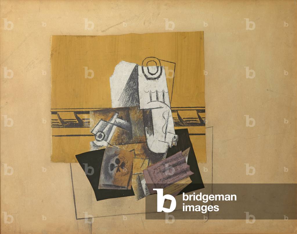 Vetro, asso di fiori, pacchetto di sigarette, 1914 (collage, carboncino & matita su carta)