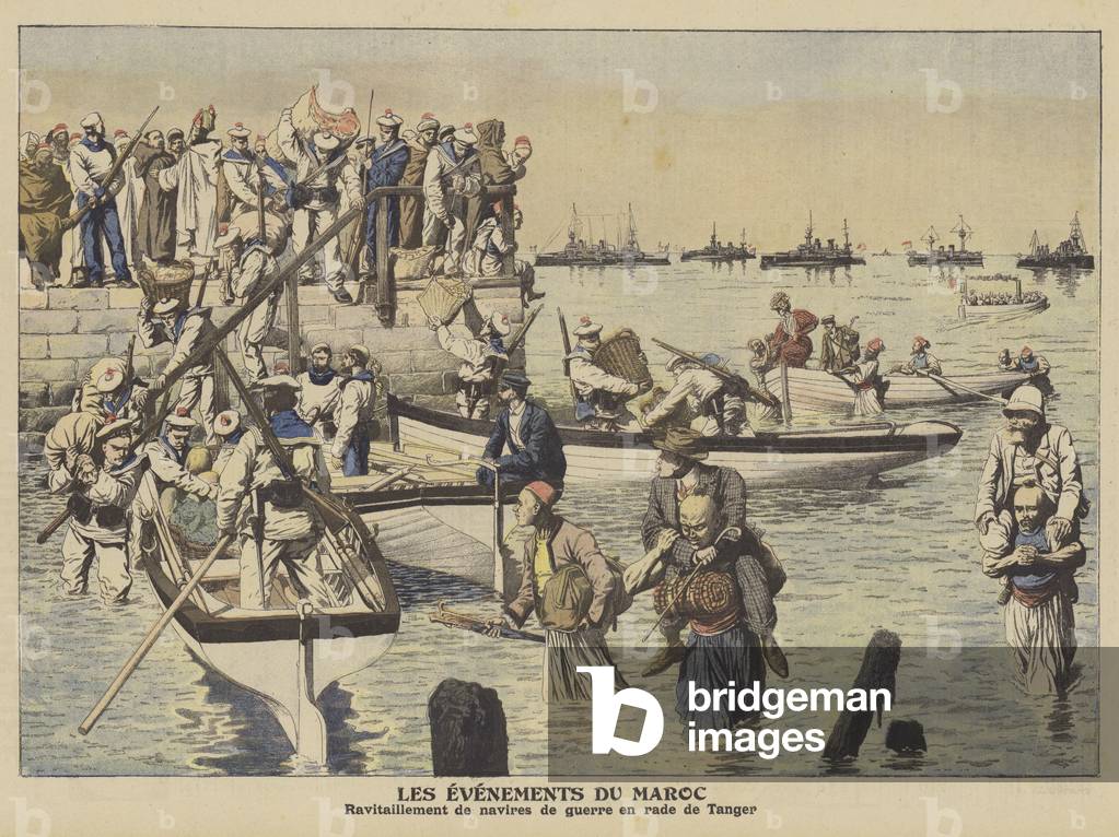 "Barche che che trasportano provviste alle navi da guerra francesi e spagnole nel porto di Tangeri (colore lit