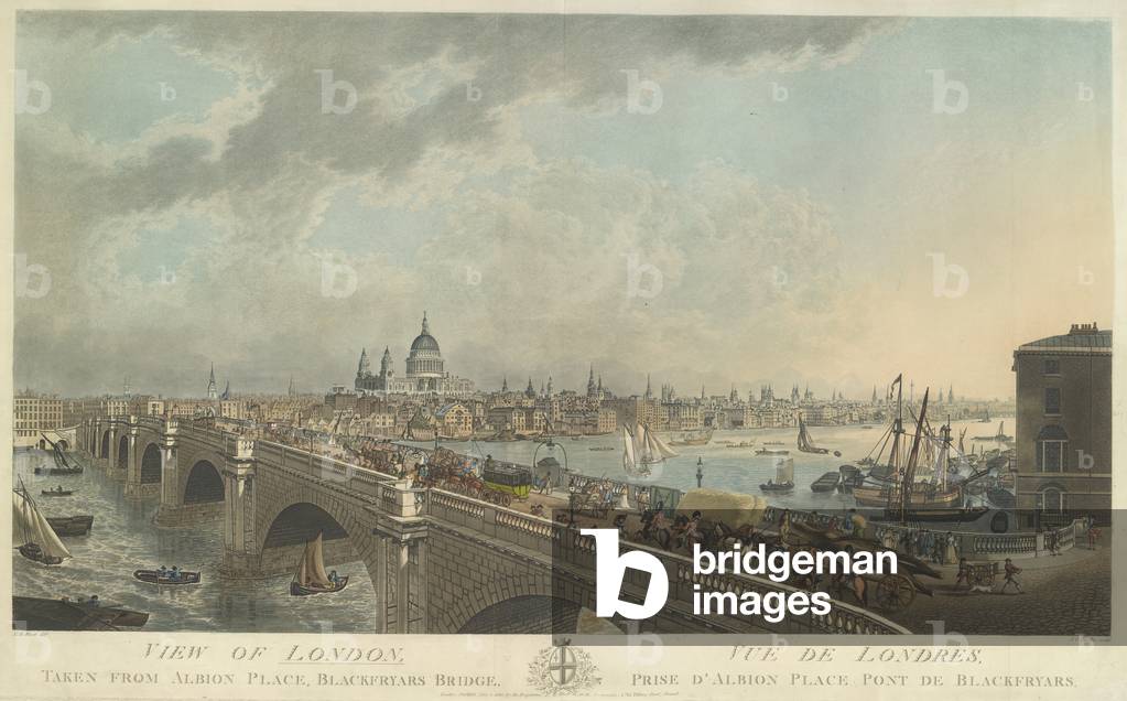 Una vista di Londra attraverso il Tamigi da Albion Place, con Blackfriars Bridge in primo piano e St. Paul in 