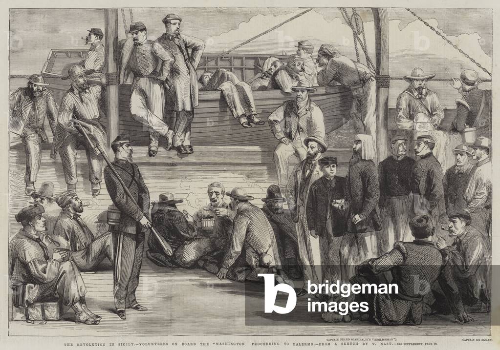 Die Revolution in Sizilien, Freiwillige an Bord der Washington fahren nach Palermo (Gravur)