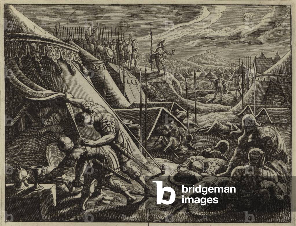 David taking Saul's spear and water jug (engraving)