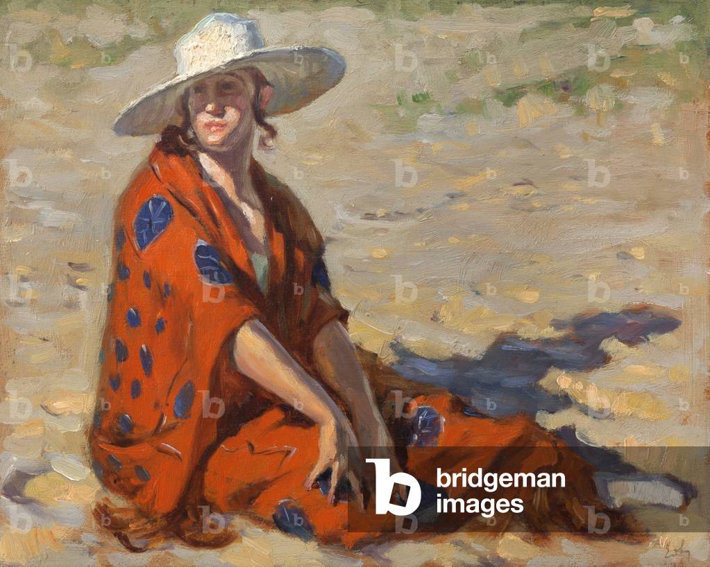 donna in un arancione kimono su un spiaggia, 1921 (olio su pannello)