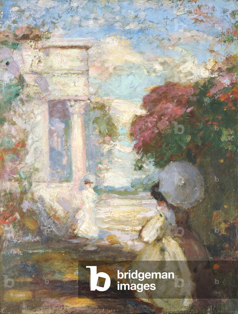 Paesaggio lirico con due figure in diciannovesimo secolo vestito, 1890-1900 (olio su tela)