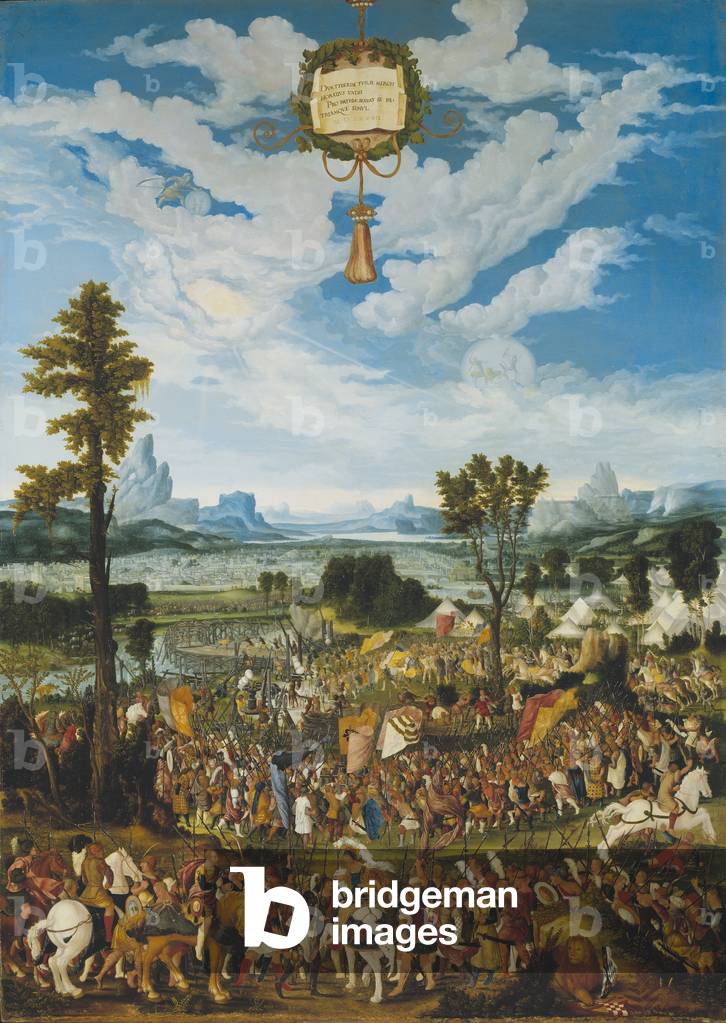 Image of Painting depicting Horatius Cocles Stopping King Porsenna's Army outside Rome (oil on panel) 1537 by 