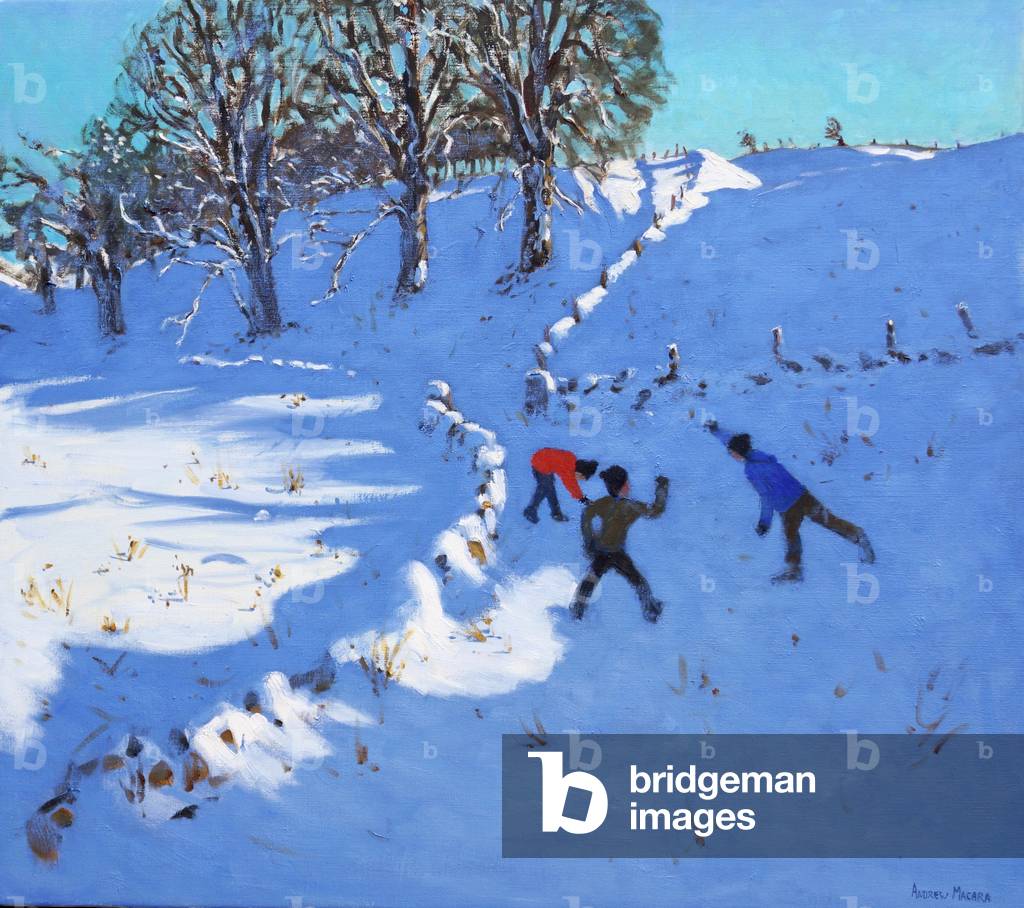 Playing in the snow Youlgrave, Derbyshire, 2016 (Öl auf Leinwand)