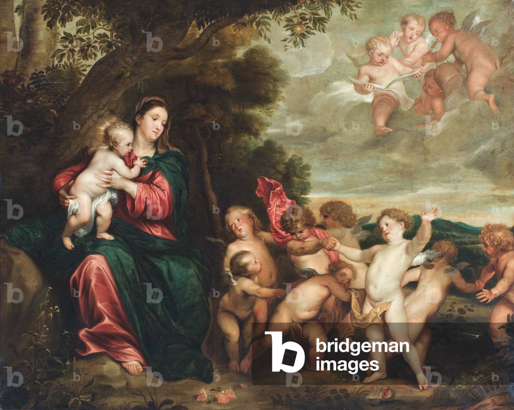 La Madonna col Bambino in un paesaggio accolto dal neonato Battista e dagli angeli (Olio su tela.)