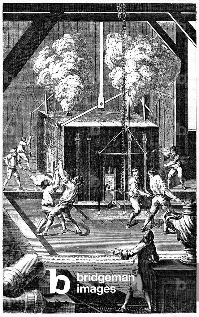 Bild von Gravur "Arsenal-Gießerei in Paris: Abguss eines Reiterstandbildes" 1800 von Patrice Cartier
