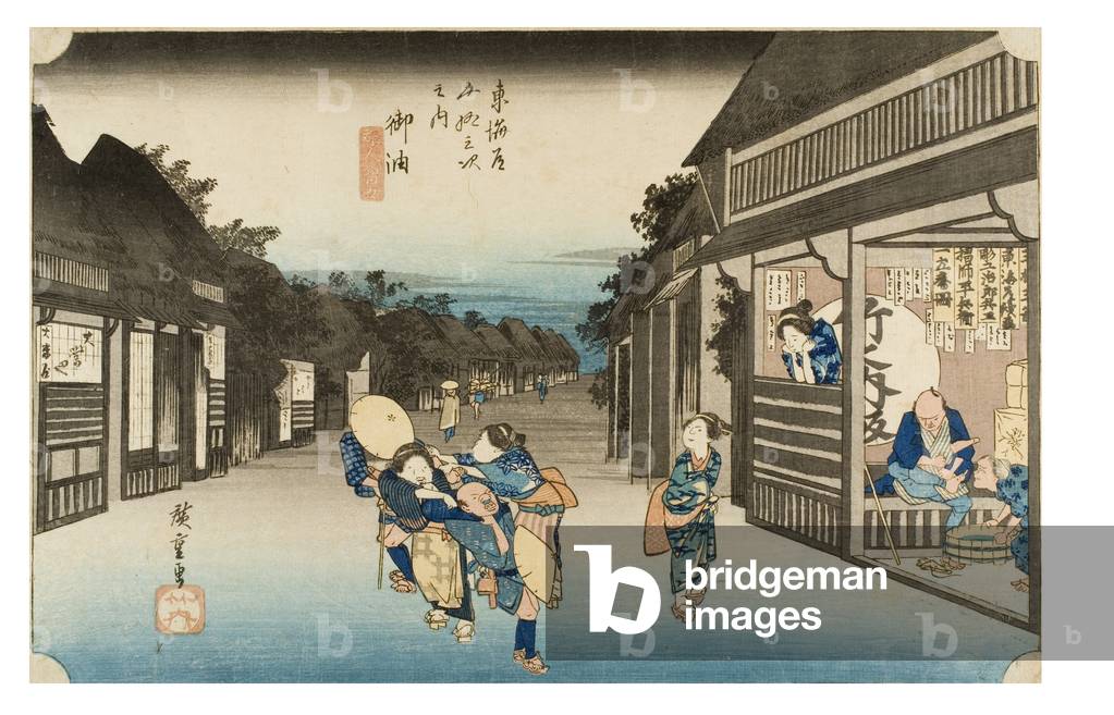 Nr. 36 Goyu - Kellnerinnen erbitten Reisende, Edo-Periode, um 1833-34 (Holzschnitt auf Papier)