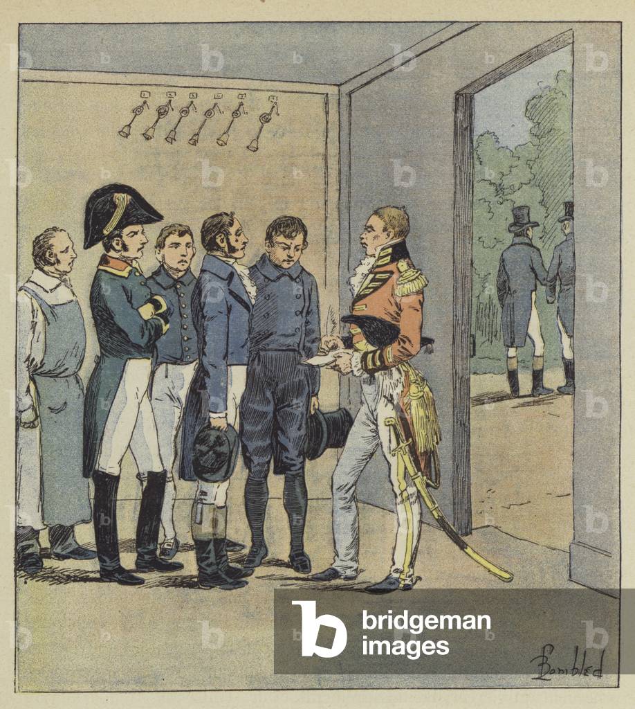 Hudson Lowe interroge les domestiques de Napoleon (color litho)