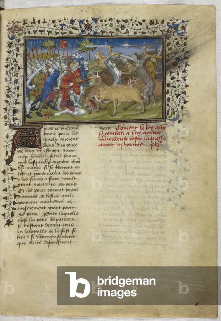 Miniatur von Alexanders Kampf mit Wildschweinen und vielhändigen Wilden