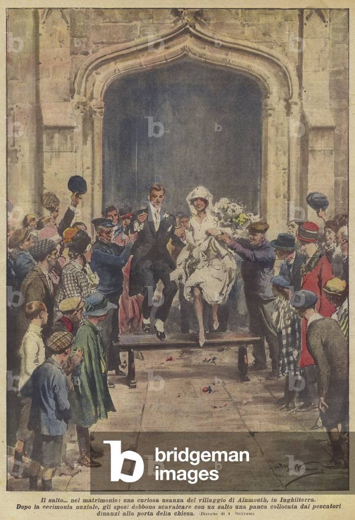 Le saut dans le mariage, une curieuse coutume dans le village d'Alnmouth, en Angleterre (lithographique en cou
