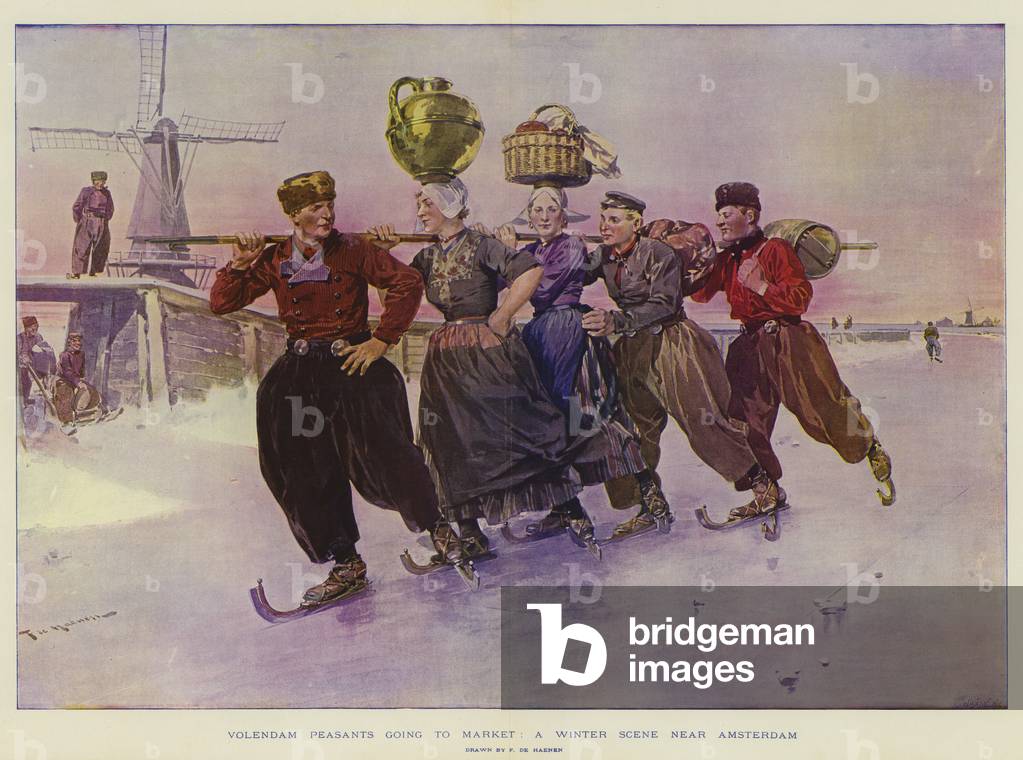 volendam bauern gehen zu markt, ein winter szene in der nähe von amsterdam (farbe litho)