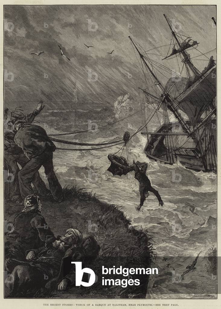 Die jüngsten Stürme, Wrack einer Barke in Balitham, in der Nähe von Plymouth (Gravur)