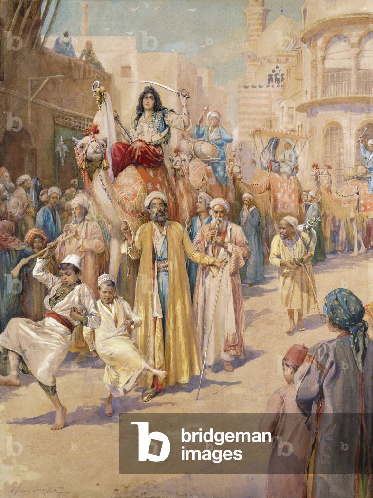 Una processione di nozze araba attraverso il Cairo, (acquerello e bodycolour)