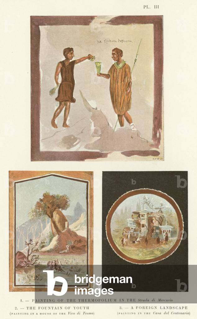 Pittura del termopolium nella Strada di Mercurio, la fontana della gioventù, un paesaggio straniero (colore li