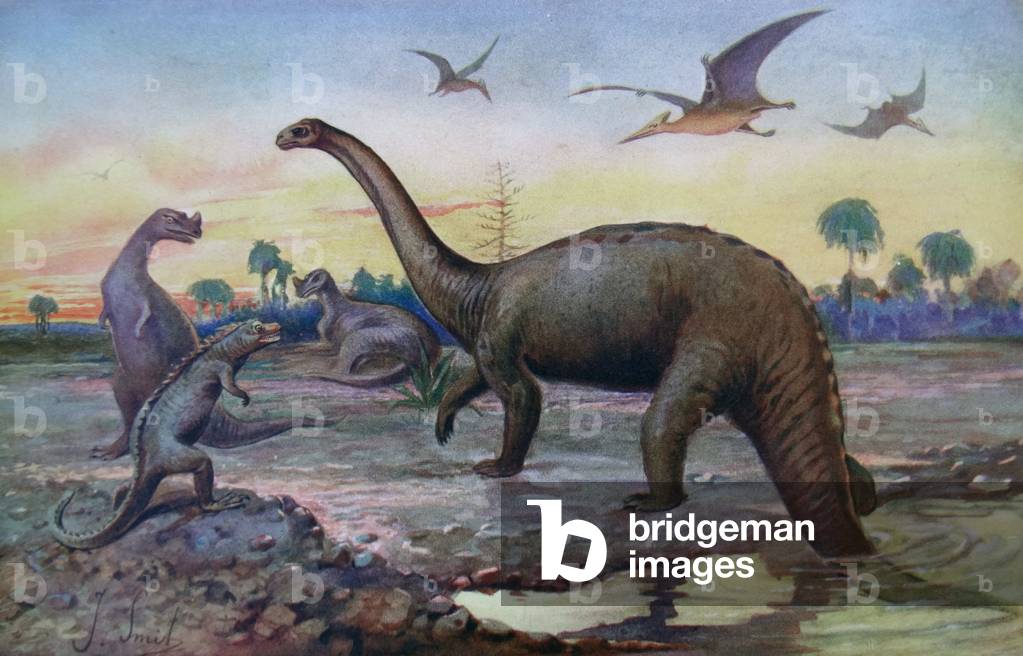 Pittura raffigurante rettili giganteschi durante l'età sauriana