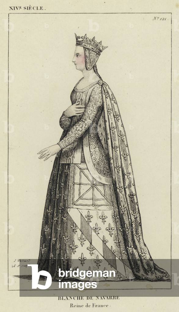 XIV Siecle, Blanche de Navarra, Reine de France (incisione colorata)