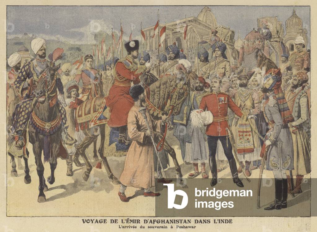 Der Emir von Afghanistan kommt in Peshawar auf einem Besuch in Indien (Farbe litho)