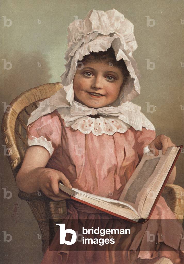 "Junges Mädchen hält ein Buch (Chromolitho)" 1888 von Amedee Forestier