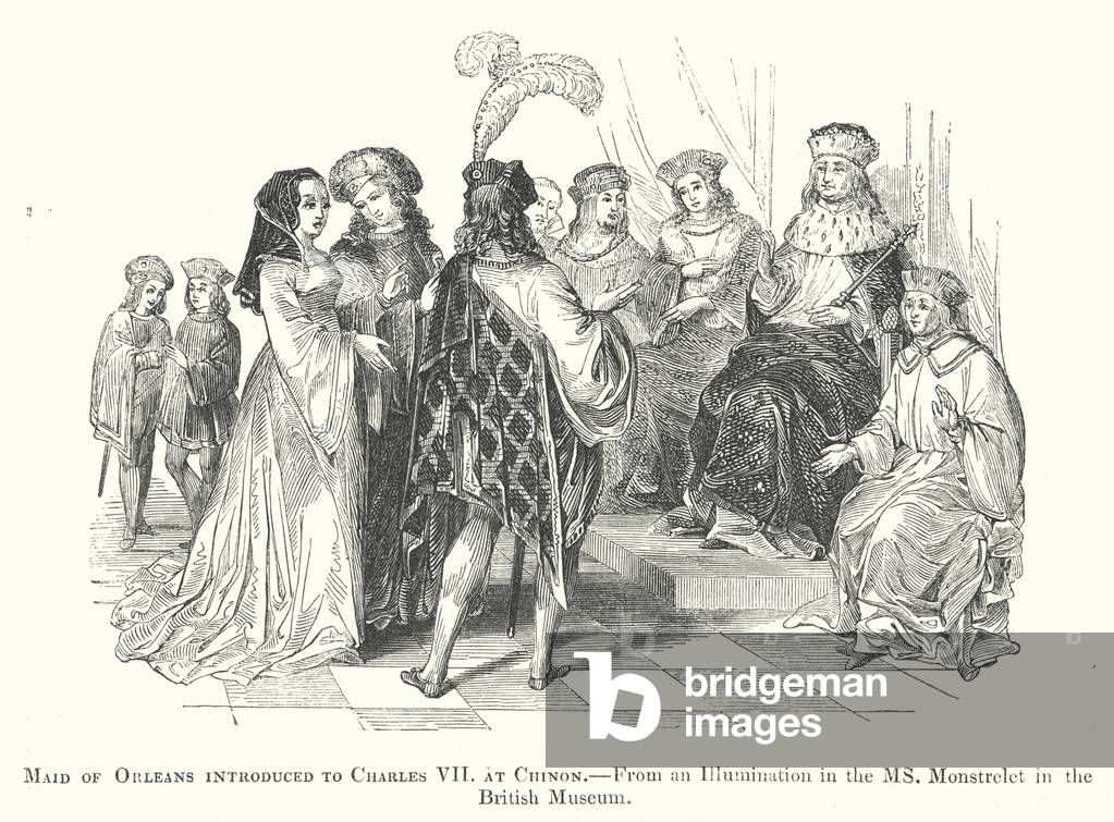 "damigella d'Orleans introdotto a Carlo VII a Chinon (incisione)" 1900 di English School