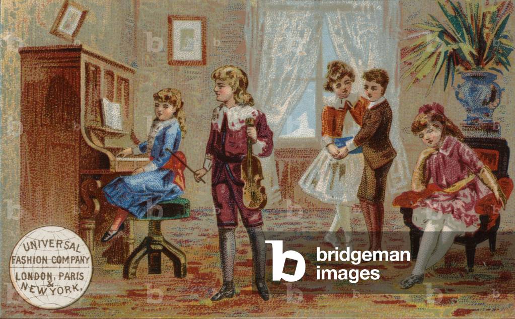 Bambini che suonano strumenti musicali e ballano (cromolito)