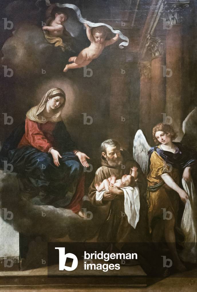 Die Madonna mit fra Felice da Cantalice, dem Jesuskind und einem Engel, Guercino, 17. Jahrhundert (Öl auf Lein