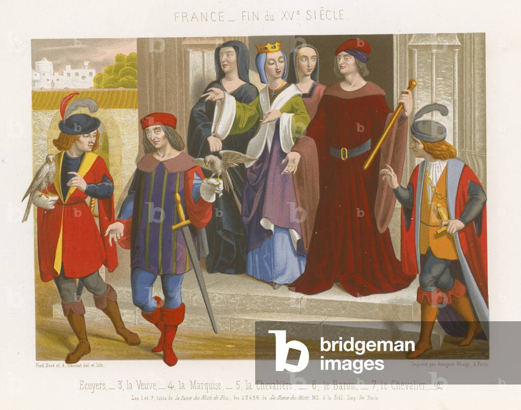 "Eine Gruppe von Menschen in der Mode des 15. Jahrhunderts (chromolitho)" 1801 von French School