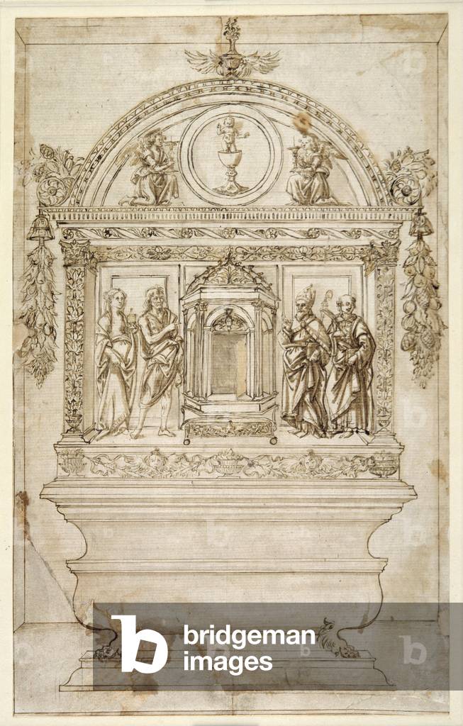 Design für den Altar einer Kapelle, mit einer Tabernakel für die Eucharistie (Stift & braune Tinte mit brauner