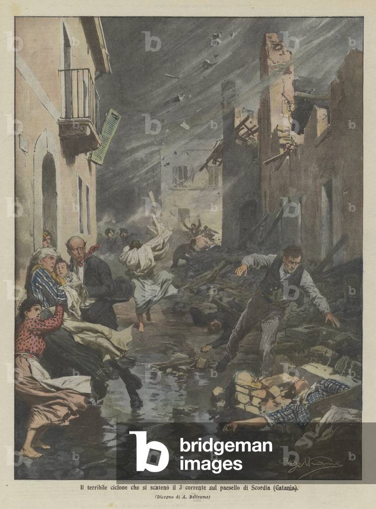 The terrible cyclone that unleashed on the 3rd current on the village of Scordia (Gatania) (colour litho) by A