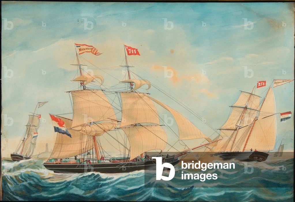 "La Hendrika Bartina e la Johanna Hendrika vela vicino alla riva", 1852 di Jacob Spin