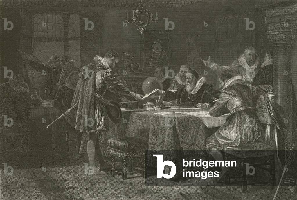 "Henry Hudson ricevendo la sua commissione dal olandese East India Company" di Alonzo Chappel, b/w