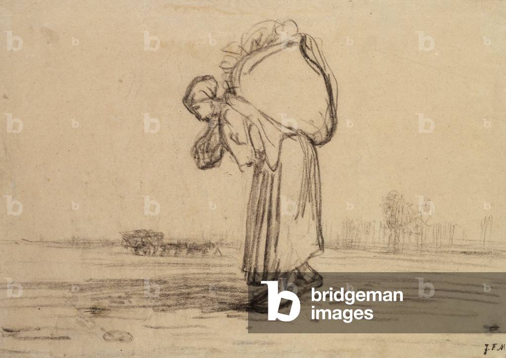 "Donna che porta un sacco sulla schiena (pastello nero su carta)" di Jean-Francois Millet, b/w