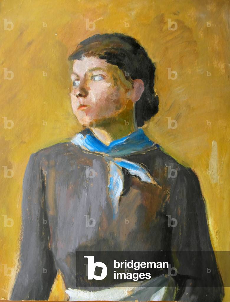 Ragazza con sciarpa blu, 1961 (olio su carta)