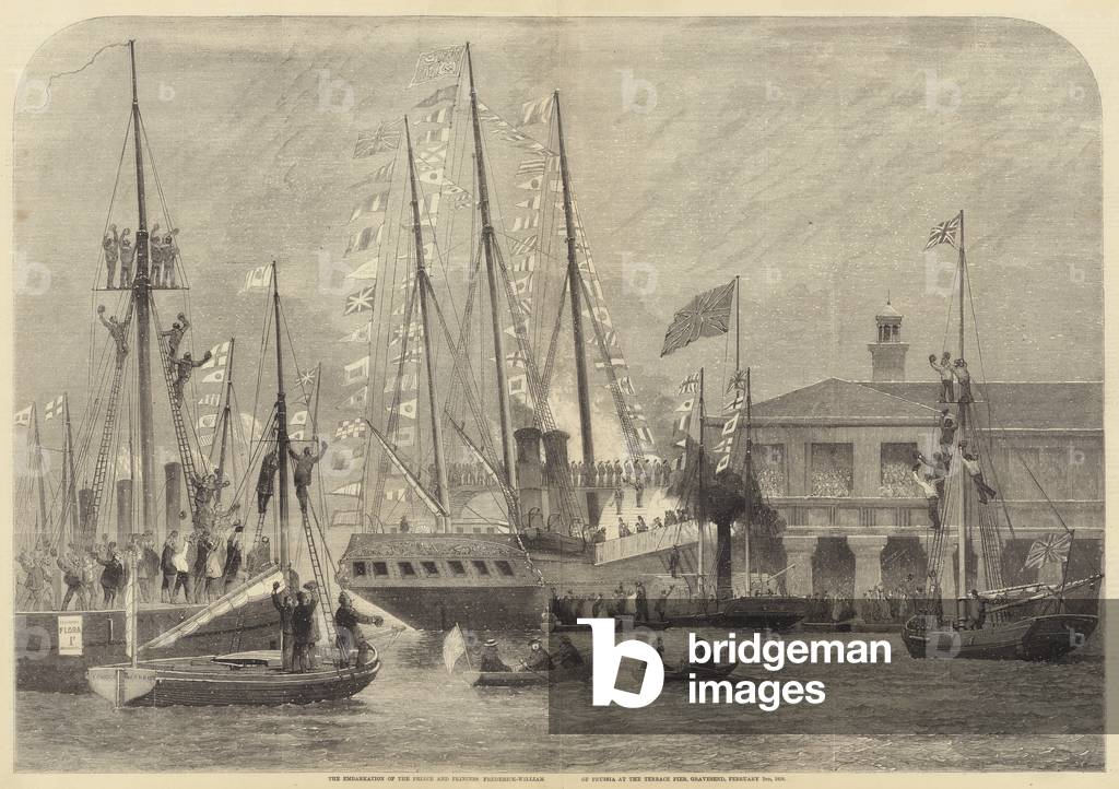 "Die Einbootung des Prinzen und Prinzessin Friedrich-Wilhelm von Preußen an der Terrasse Pier (Gravur)" von En