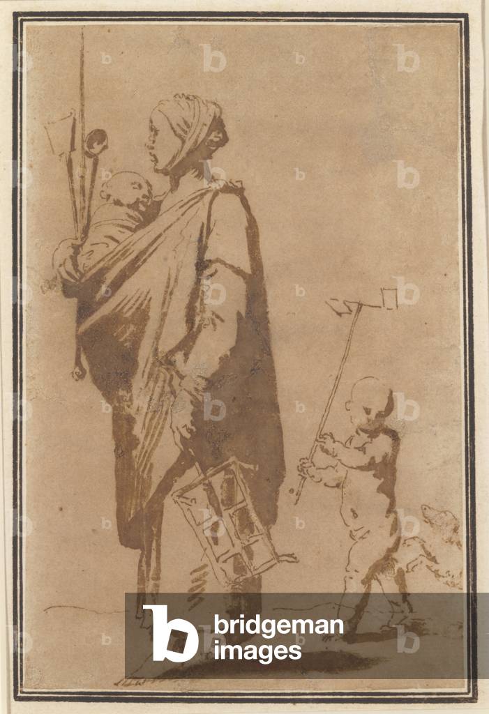 Una madre che porta un bambino e utensili da cucina, seguita da un ragazzo e un cane (penna & inchiostro e lav