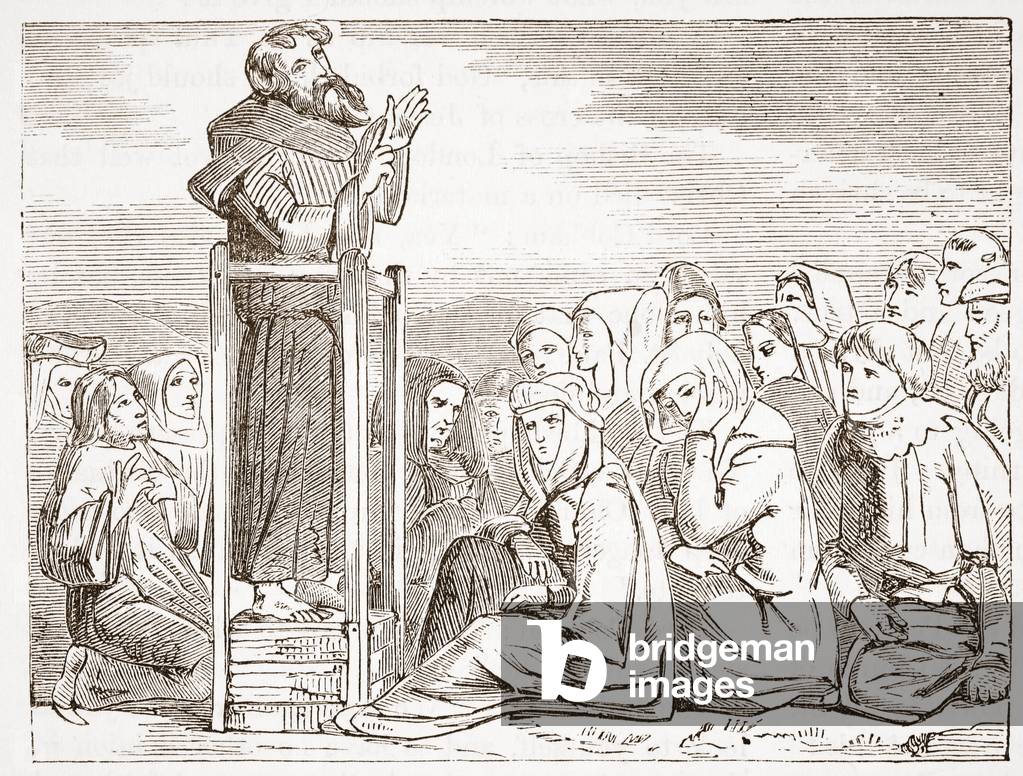 "Friar Predigt aus einer beweglichen Kanzel" von English School, b/w