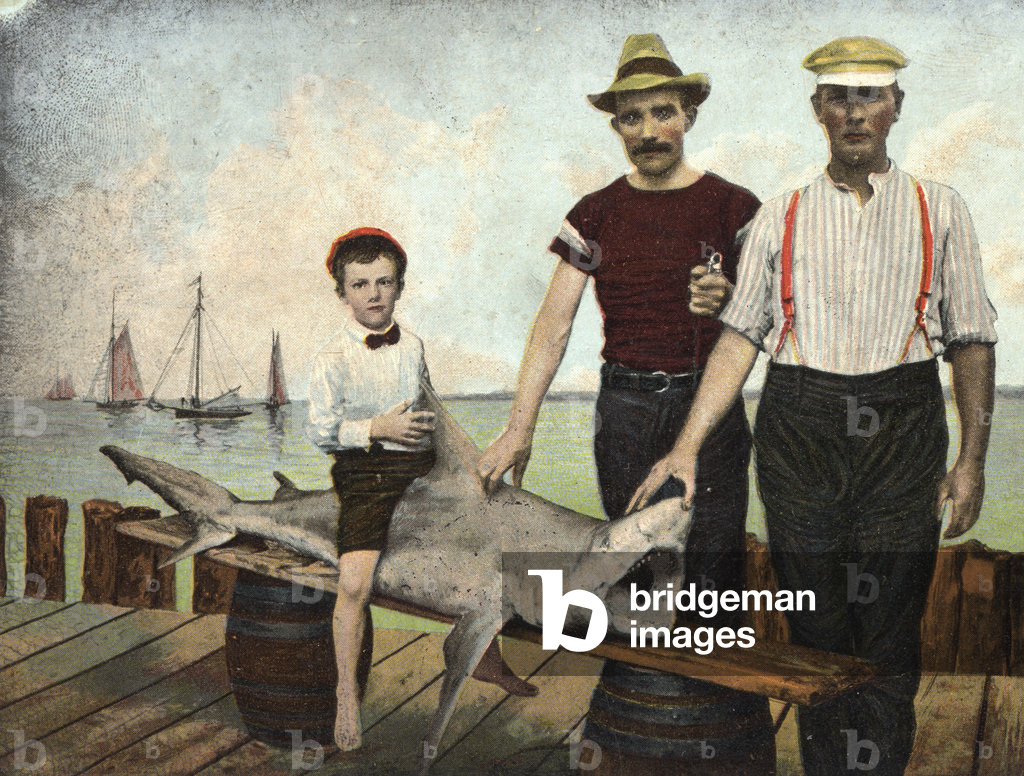 图像Two men and a boy pose with a shark. Child by our-planet.berlin