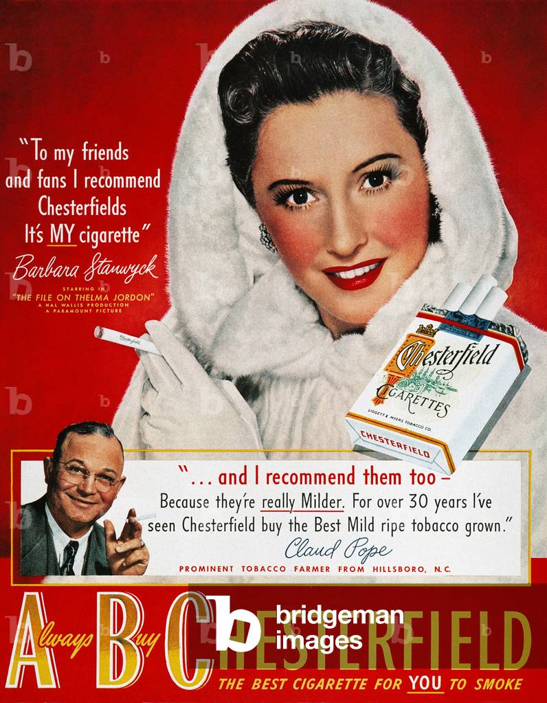chesterfield cigarettes ad Image of CHESTERFIELD CIGARETTE AD Actress Barbara Stanwyck endorsing Chesterfield  cigarettes. American
